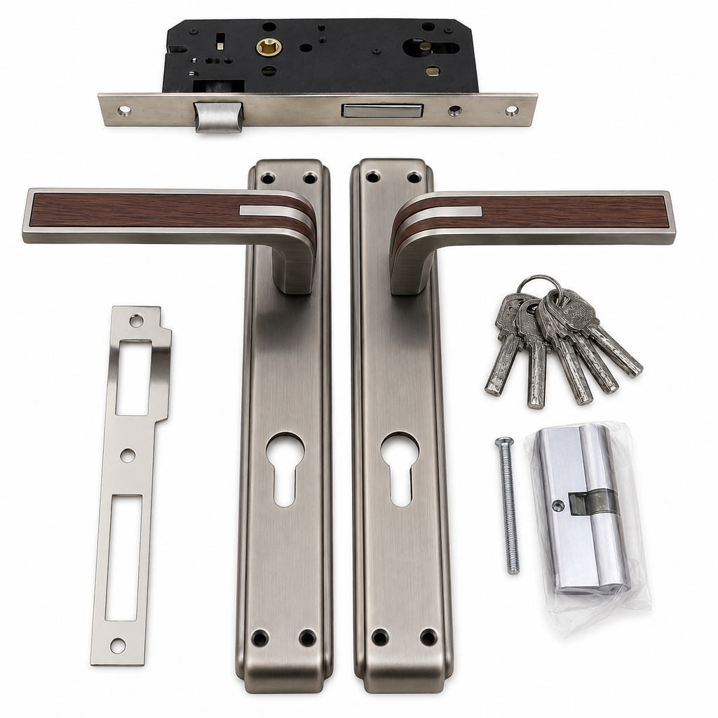MH 208A17 Modern Satin Nickel Mortise Door Handle Lock Set with Wood Inlay, Euro Cylinder & 5 Keys