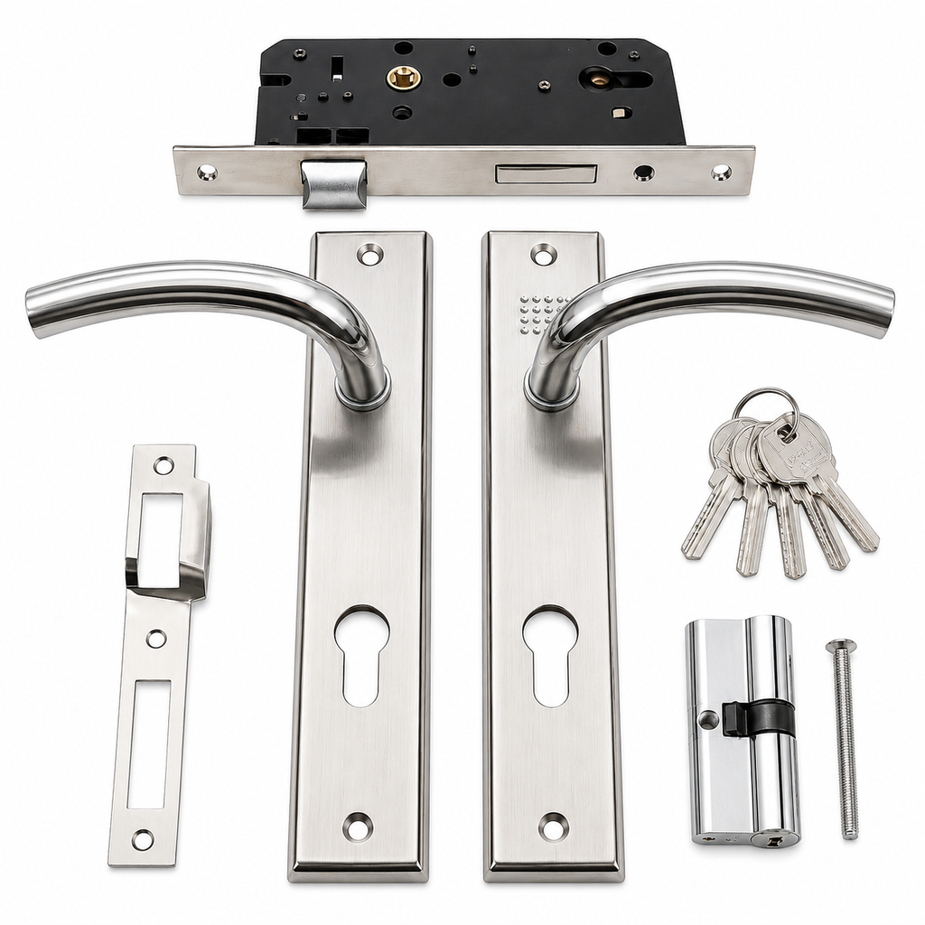 MH,M8515 Heavy Duty Satin Stainless Steel Mortise Door Handle Lock Set with Euro Cylinder & 5 Keys