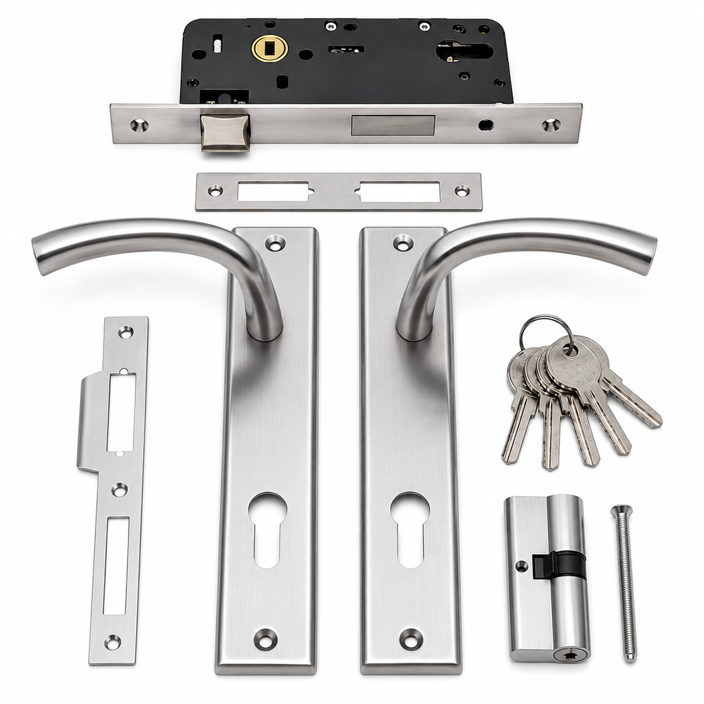 MH, MT8515 Premium Stainless Steel Mortise Door Handle Lock Set with Euro Cylinder & 5 Keys – Heavy Duty Main Entrance Door Hardware (Satin Finish)
