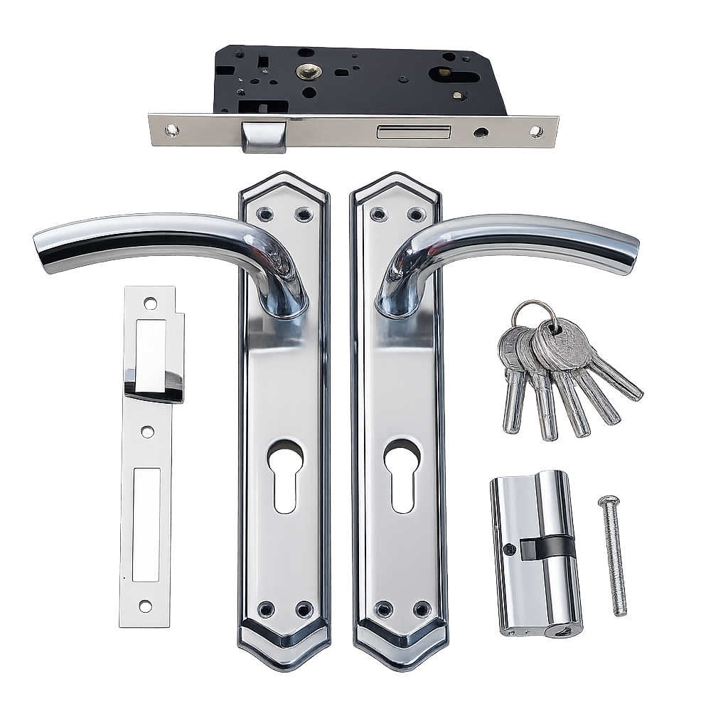 MH,AH 8515 SN CP Heavy Duty Satin Nickel & Chrome Mortise Door Handle Lock Set with Euro Cylinder & 5 Keys