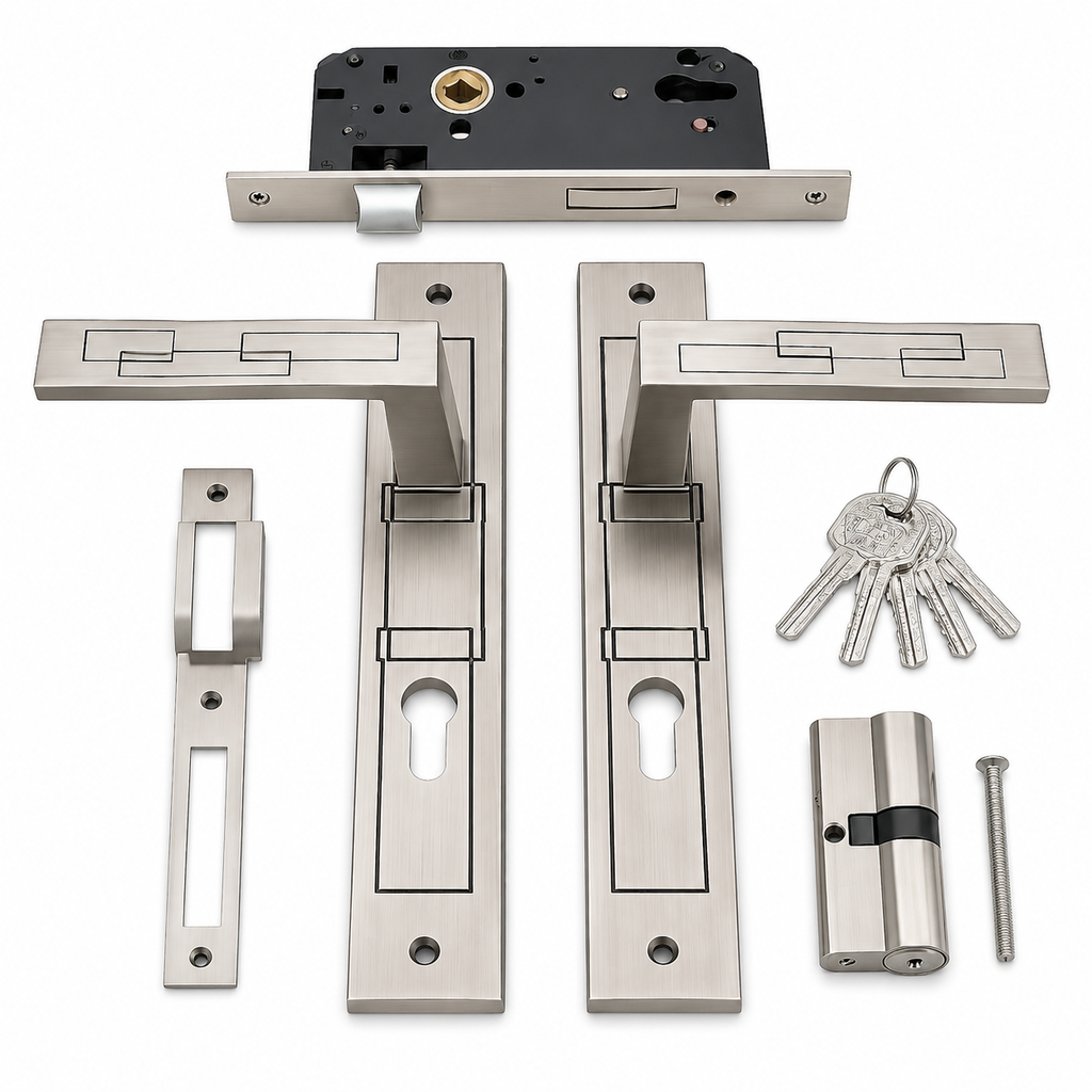 MH M04F57 Modern Satin Nickel Mortise Door Handle Lock Set with Euro Cylinder & 5 Keys