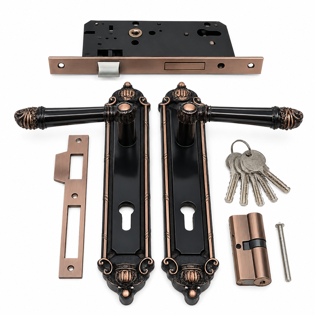 MH X04-990 Luxury Black & Antique Copper Mortise Door Handle Lock Set with Euro Cylinder & 5 Keys – Heavy Duty Main Entrance Door Hardware
