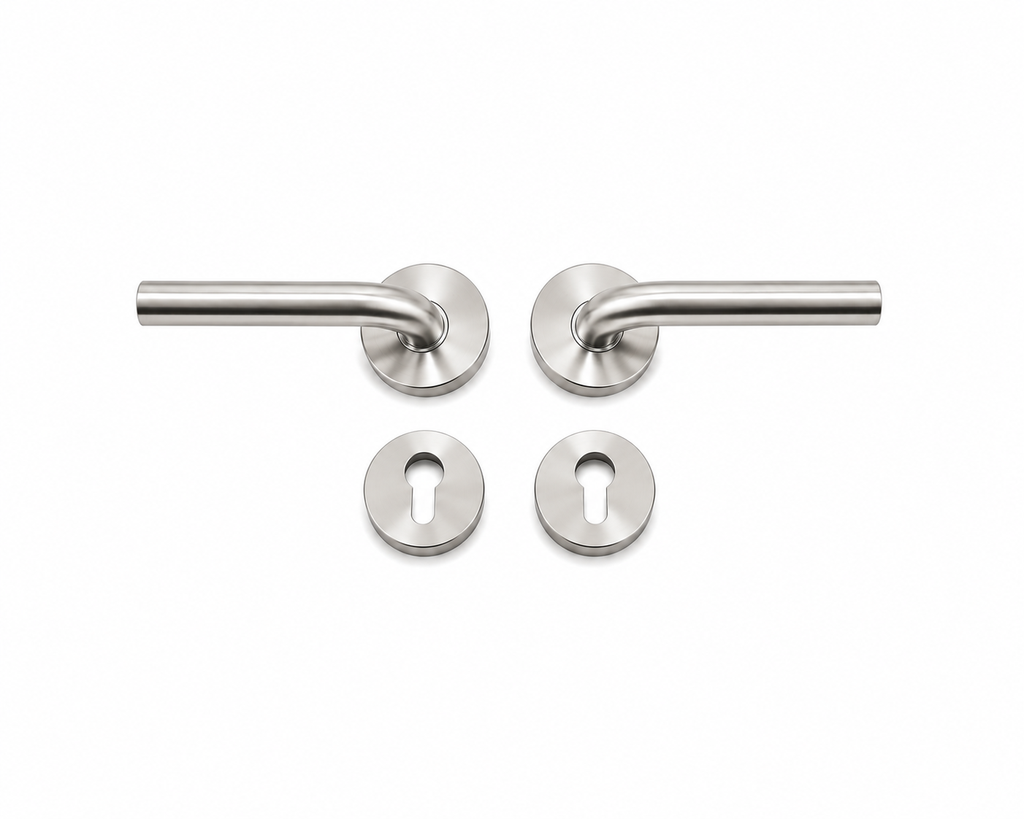 Modern Satin Stainless Steel Door Lever Handle Set with Round Rose & Euro Key Escutcheons