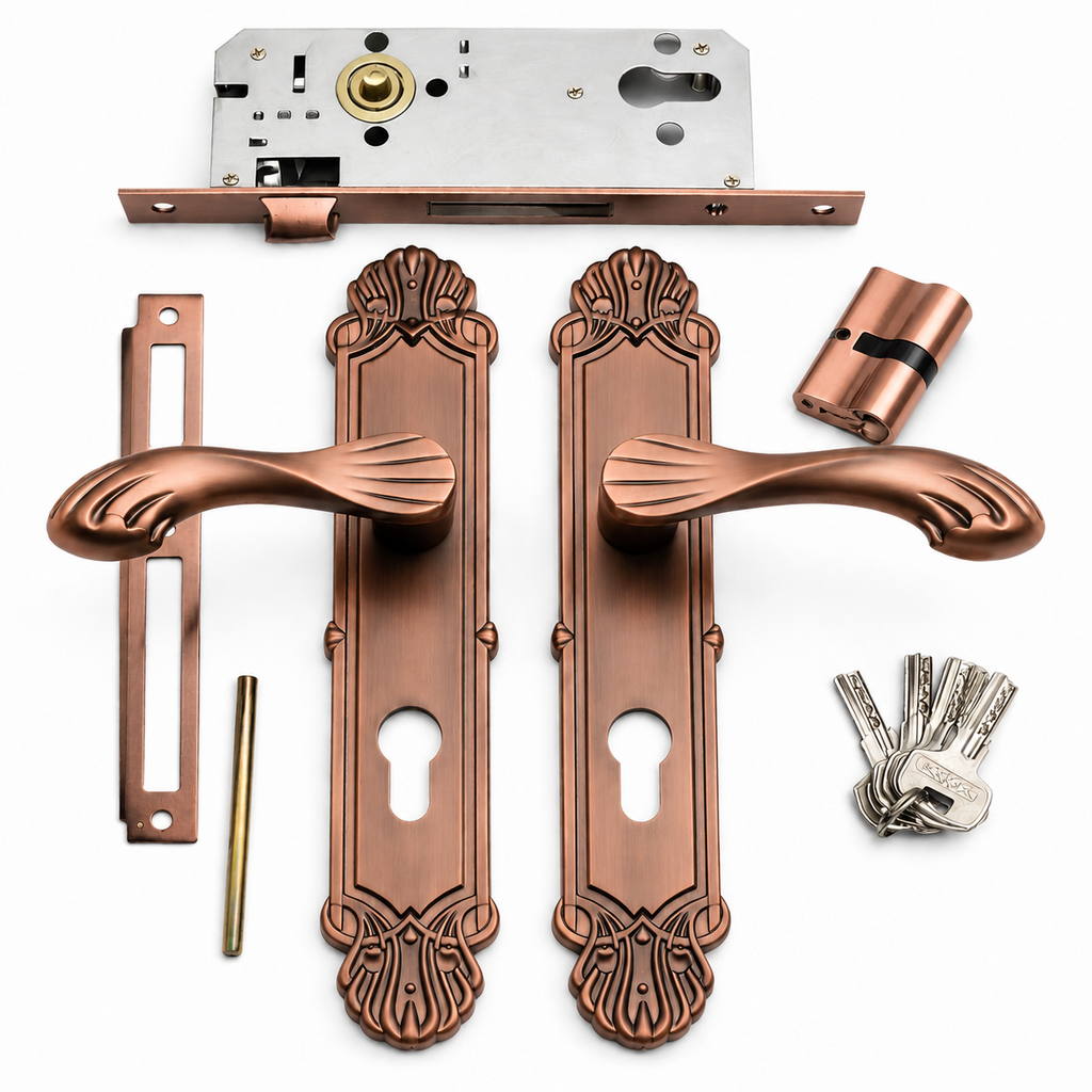 M17K01AC Copper Finish Door Handle Set with Euro Cylinder Lock and Complete Hardware Kit