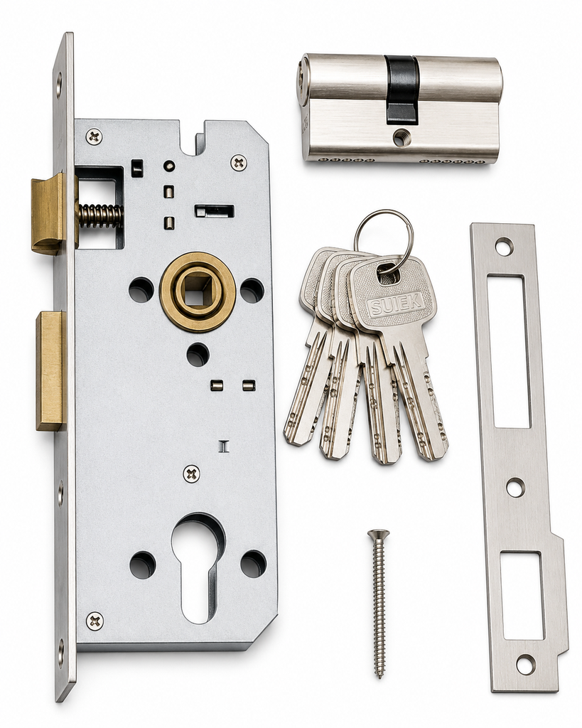 LBSN45 Euro Cylinder Mortise Lock Set with Keys and Strike Plate – Satin Nickel Finish