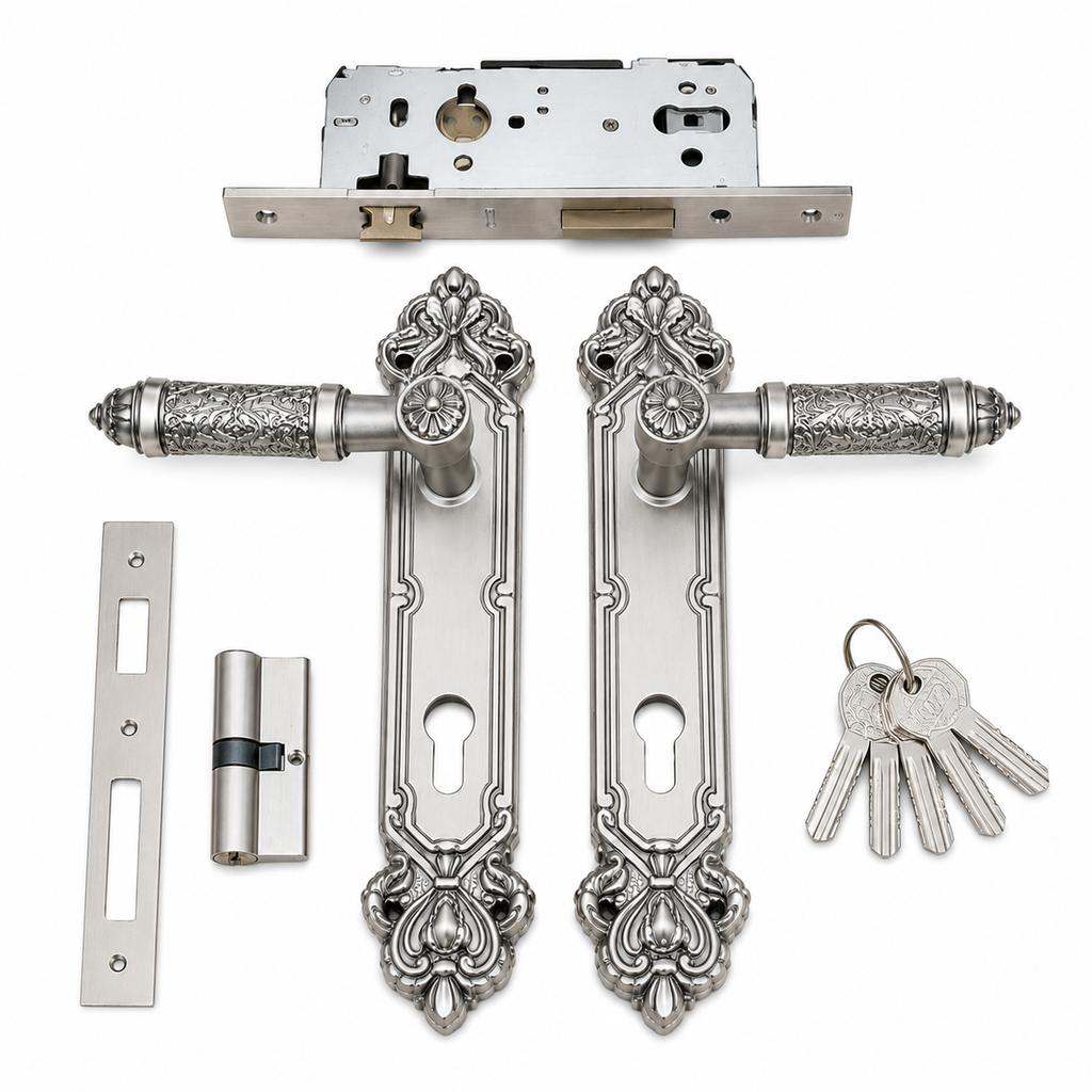 LD14 964 MAB Luxury Mortise Door Handle Set with Lock Body & Cylinder – Antique Silver Finish | Complete Door Lock Set with 5 Keys