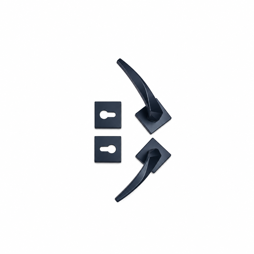 LTF26-L212 MEB Modern Matte Black Door Lever Handle Set with Square Rose & Euro Key Escutcheons