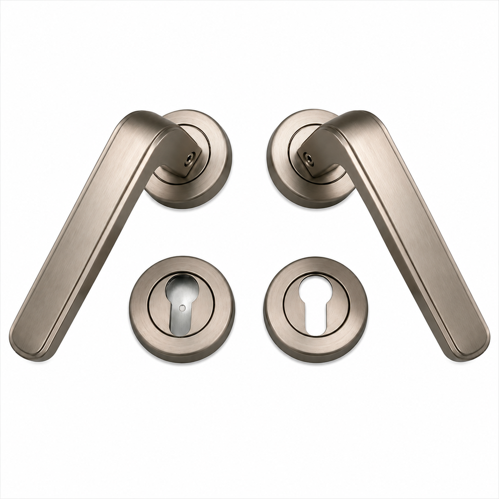ZAR114 MSN Modern Satin Nickel Rose Door Handle Set with Euro Keyhole Rosettes