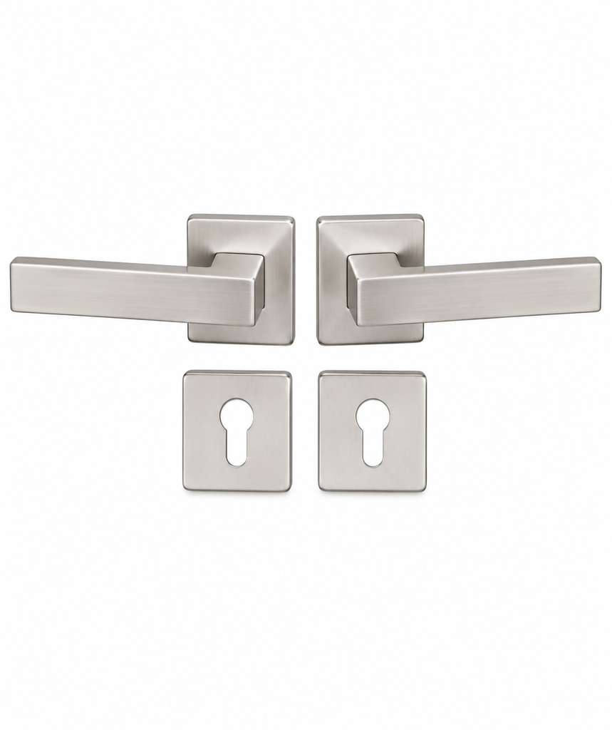 [WSP 25] LTF26-L268 MSN Premium Satin Nickel Rose Door Handle Set – Square Lever Handle Pair with Modern Rosette for Interior & Exterior Doors