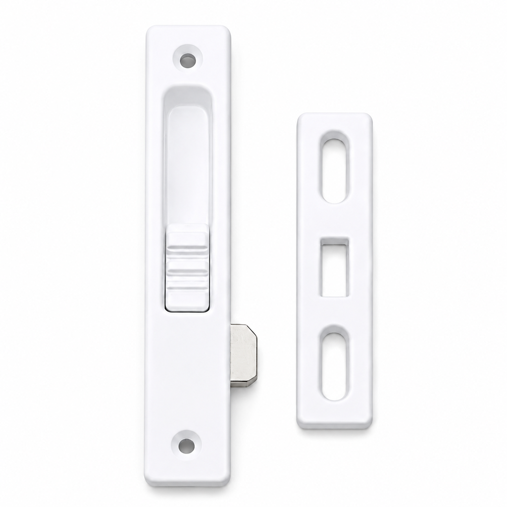 Japan Single Flush Lock – White Finish | Heavy Duty Sliding Door & Window Lock with Strike Plate