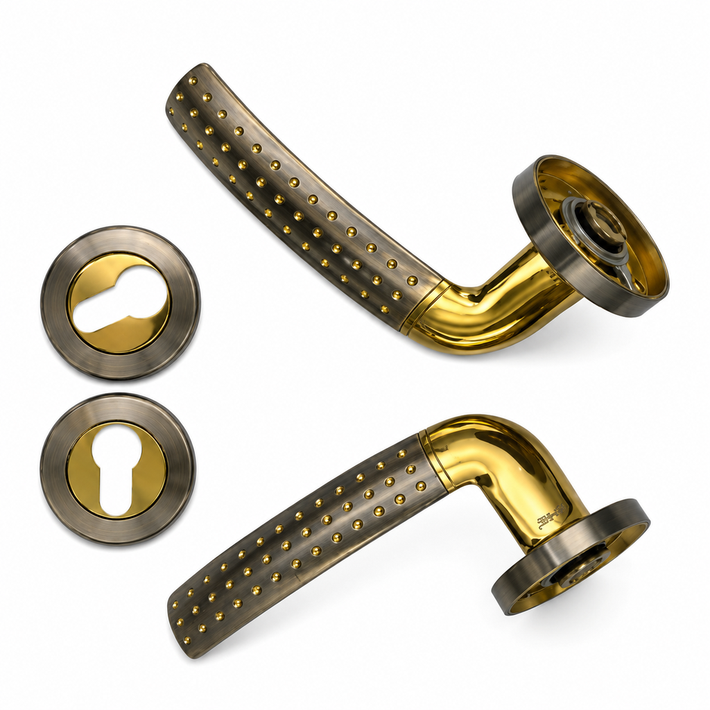 85313 MCF Door Handle Set, Gold and Brushed Nickel, Curved Lever Design, with Keyhole Escutcheons