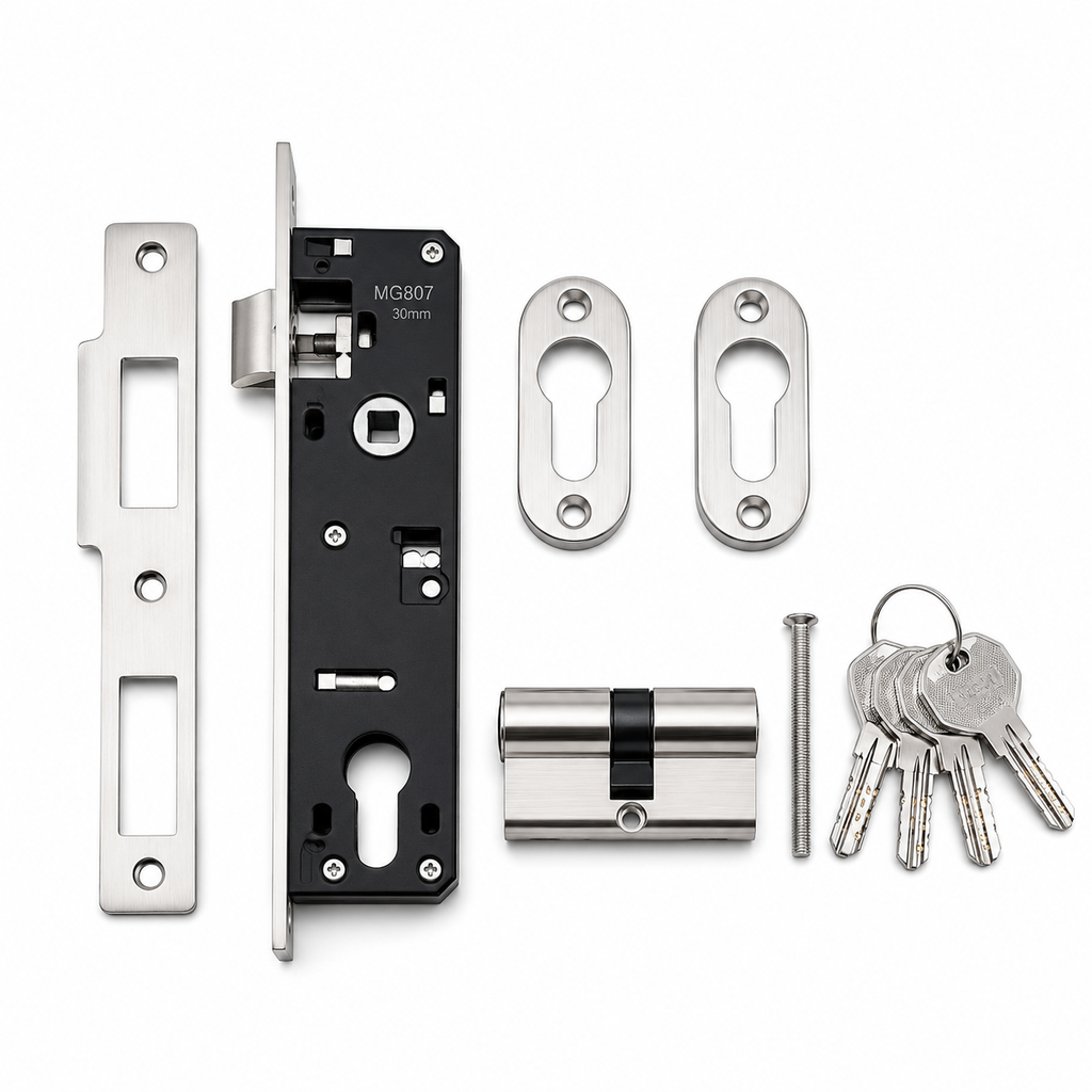 MG807 Aluminium Mortise Lock Body 30mm – Heavy Duty Sliding Door Lock Set with Euro Cylinder & 5 Keys