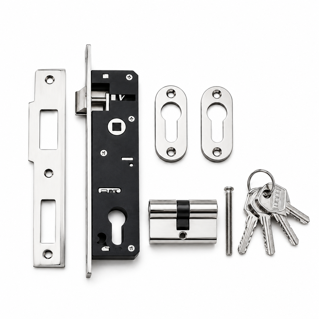 MG806 25mm Aluminium Mortise Lock Body with Euro Profile Cylinder & 5 Keys – Satin Silver