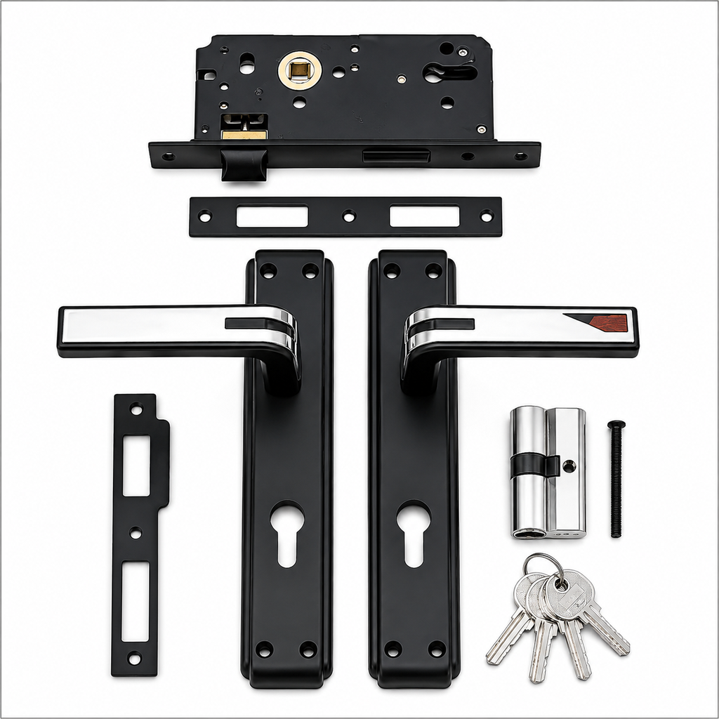 MH 208A17 MEB CP Modern Black & Chrome Mortise Door Handle Lock Set with Euro Cylinder & 5 Keys